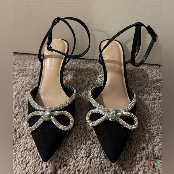Kelly & Katie Black Silver Rhinestone Bow Kitten Heels - Picture 1 of 7